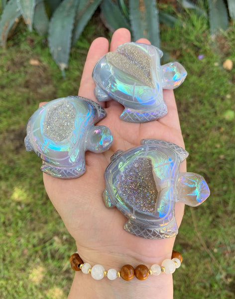 Aura Agate Turtles with Druzy Caves