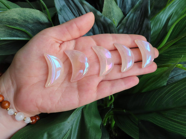 Aura Rose Quartz Puffy Crescent Moon