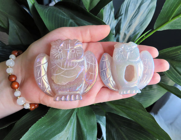 Aura Agate Owls with Druzy Caves