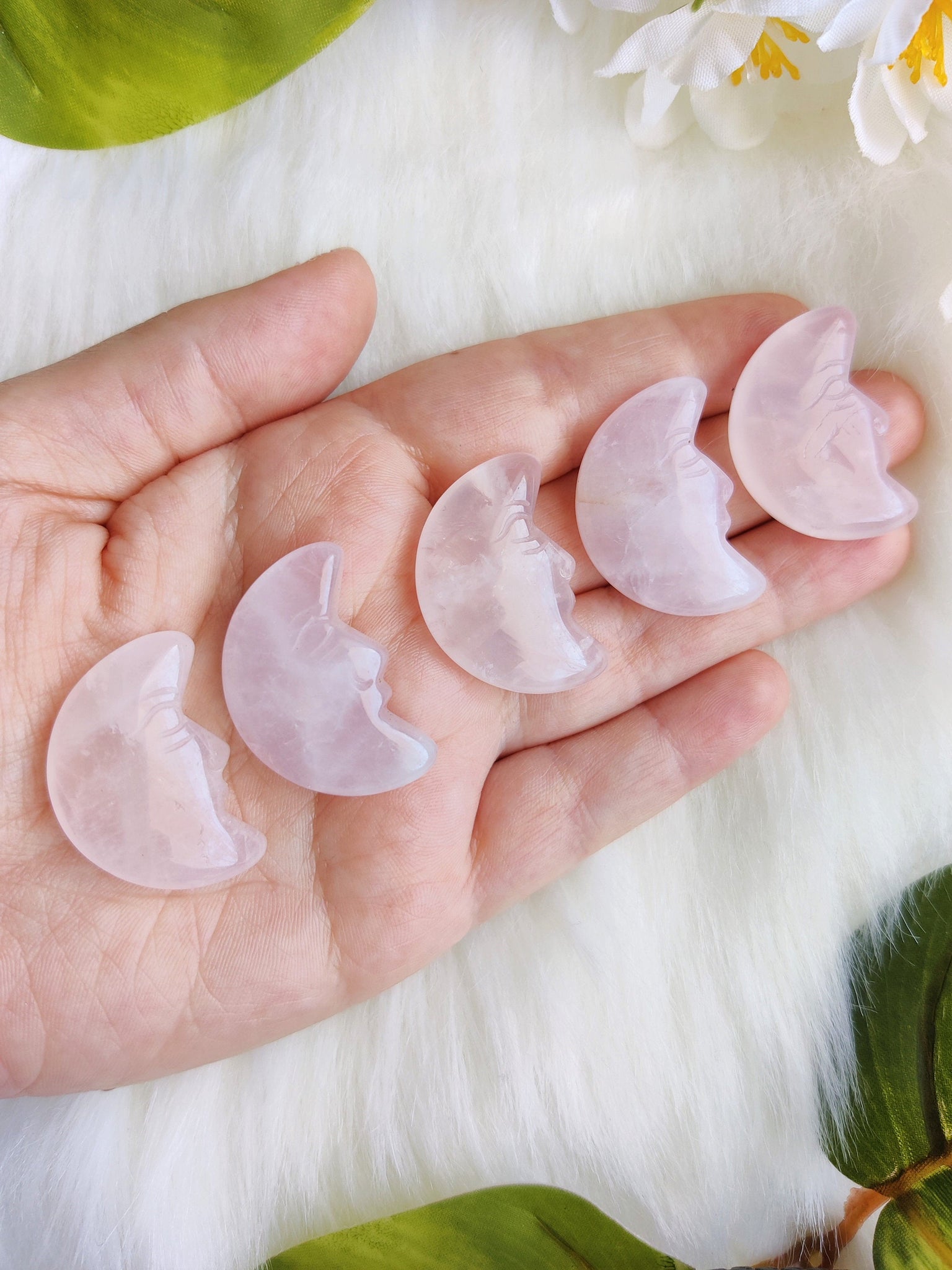 Rose Quartz Puffy Crescent Moon With Face