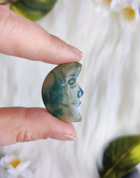 Moss Agate Puffy Crescent Moon With Face