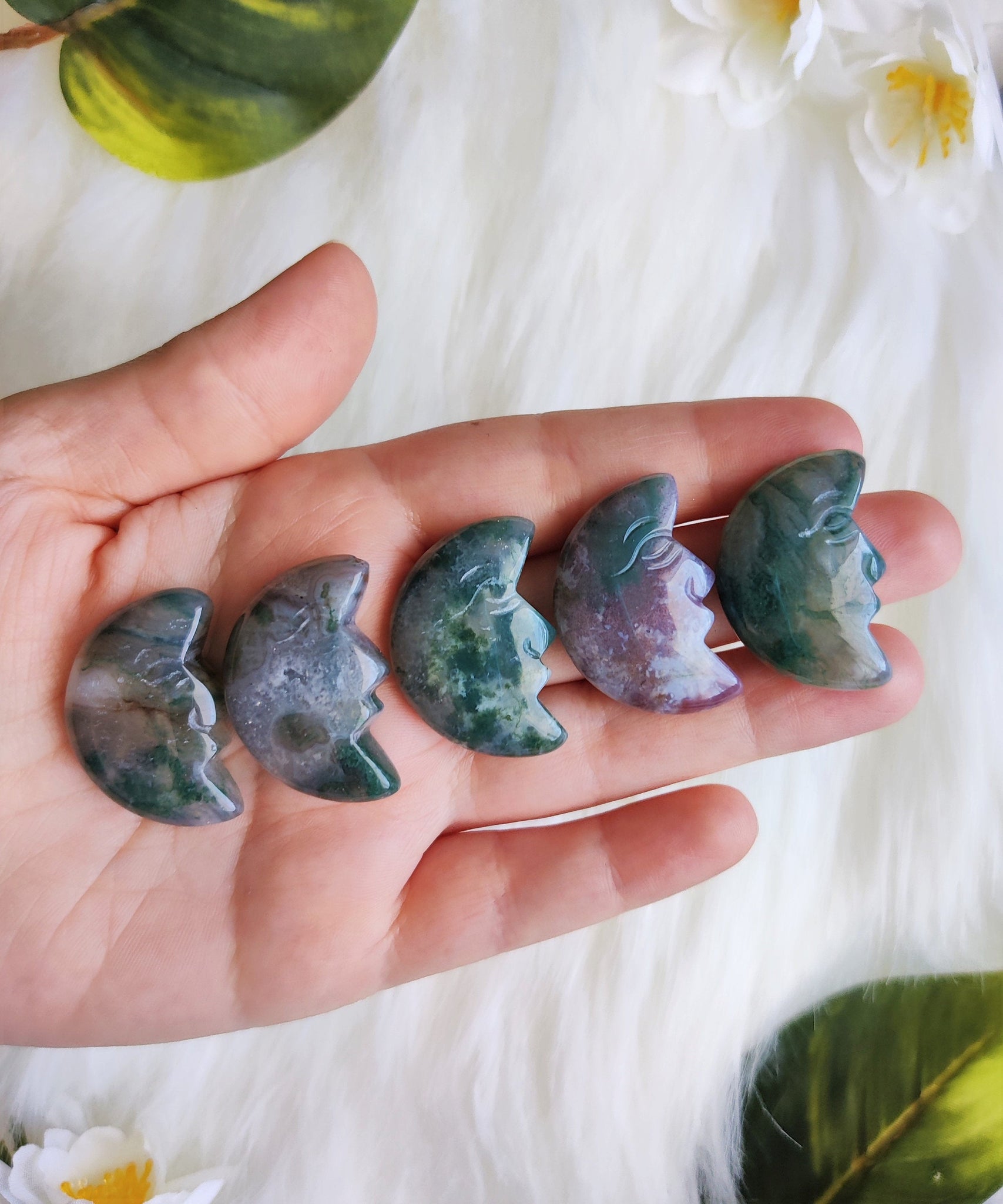 Moss Agate Puffy Crescent Moon With Face