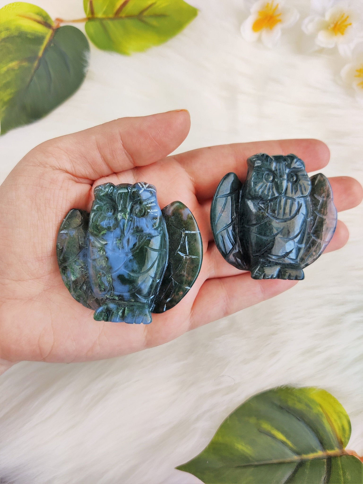 Moss Agate Owls